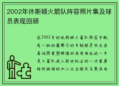 2002年休斯顿火箭队阵容照片集及球员表现回顾
