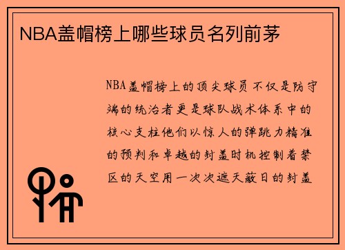 NBA盖帽榜上哪些球员名列前茅